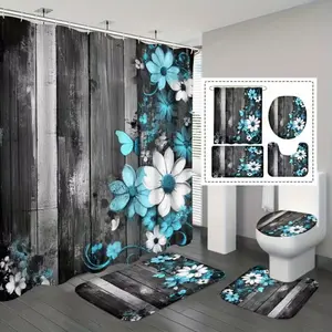 1/4-piece country-style wood grain shower curtain set with floral and butterfly pattern, includes non-slip mat, U-shaped rug, and toilet seat cover, comes with 12 shower curtain hooks, Bathroom Shower Equipment, Bathroom Decoration Accessories