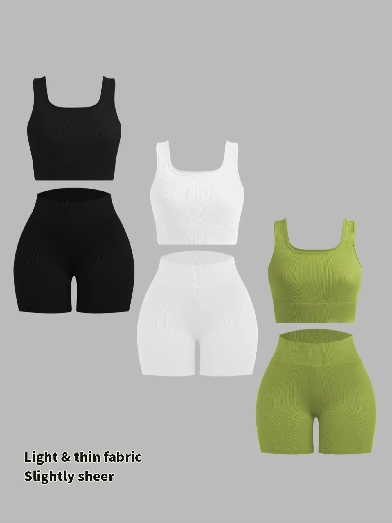 Women's Solid Crop Tank Top & High Waist Shorts Ribbed Set, Sleeveless Square Neck Crop Top & Skinny Shorts, Ladies Summer Outfits, Sporty Style Outfits, Daily Wear, Workout, Athleisure & Activewear Set, Summer Fitness Outfit