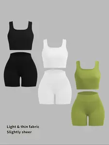 Women's Solid Crop Tank Top & High Waist Shorts Ribbed Set, Casual Sleeveless Square Neck Crop Top & Skinny Shorts, Ladies Summer Outfits 2024 for Daily Wear Workout Set, Athleisure Wear Set
