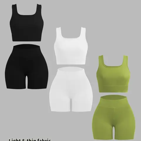 Women's Solid Crop Tank Top & High Waist Shorts Ribbed Set, Sleeveless Square Neck Crop Top & Skinny Shorts, Ladies Summer Outfits, Sporty Style Outfits, Daily Wear, Workout, Athleisure & Activewear Set, Summer Fitness Outfit
