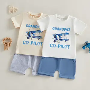 2Pcs Toddler Boy Summer Outfits Short Sleeve Crew Neck Airplane Letters Print Tops and Elastic Waist Shorts Set
