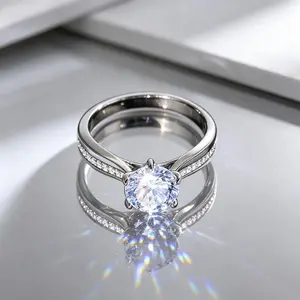 Wedding Engagement Ring Set for Couples, Matching Solitaire Promise Band, Bridal Statement Jewelry for Her, Anniversary Gift