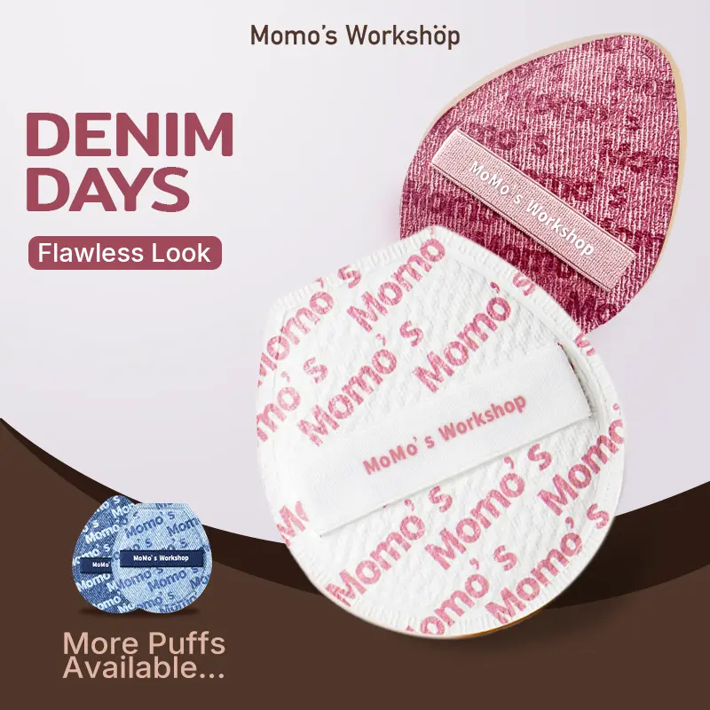 Momo's Workshop 2-Piece Denim Puffs Beauty Sponge Duo with Storage Case - Fuchsia & Classy Classic Styles, for Foundation, Concealer, Blush, Quick Flawless Look, Travel Friendly, Fuchsia Duo, Classy Classic Duo