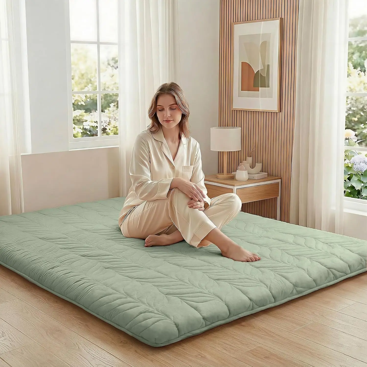 ZonLi Full Size Japanese Floor Bed Futon Sleeper Mattress, Thick 100% Cotton Washable Cover Folding Mattress, Memory Foam Breathable Portable Fold Tatami Mat for Dormitory, Adults