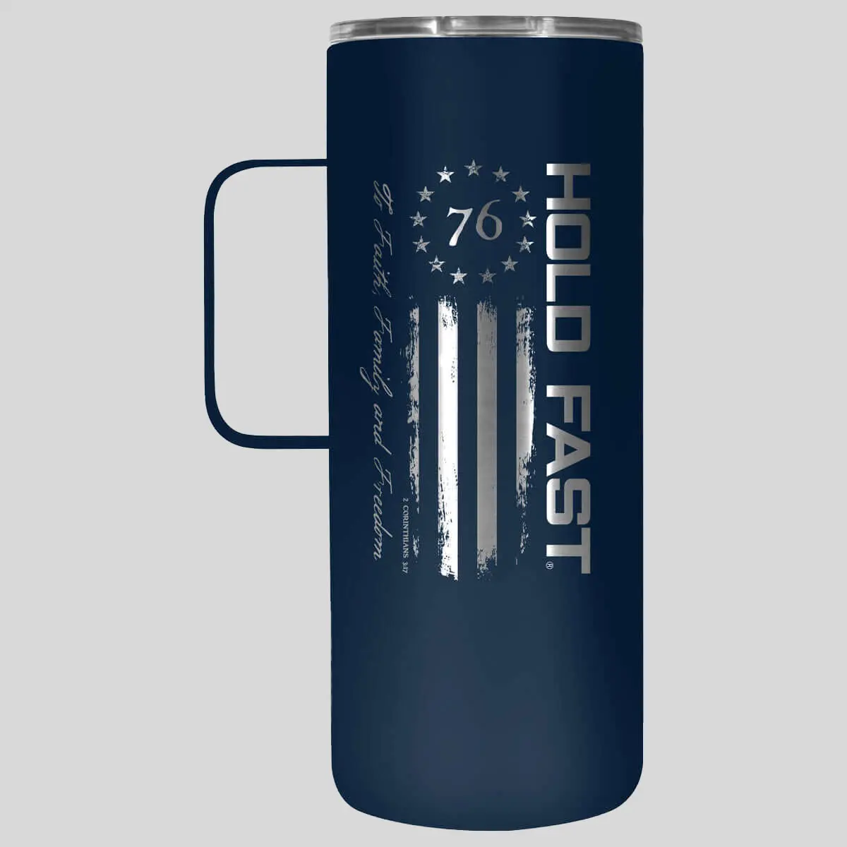 HOLD FAST 22 oz (500-1,000 ml Range) Contemporary Double-Wall Stainless Steel Tumbler Mug with Convenient Handle, Lid, Sweat-Free Car-Use Vacuum Flask