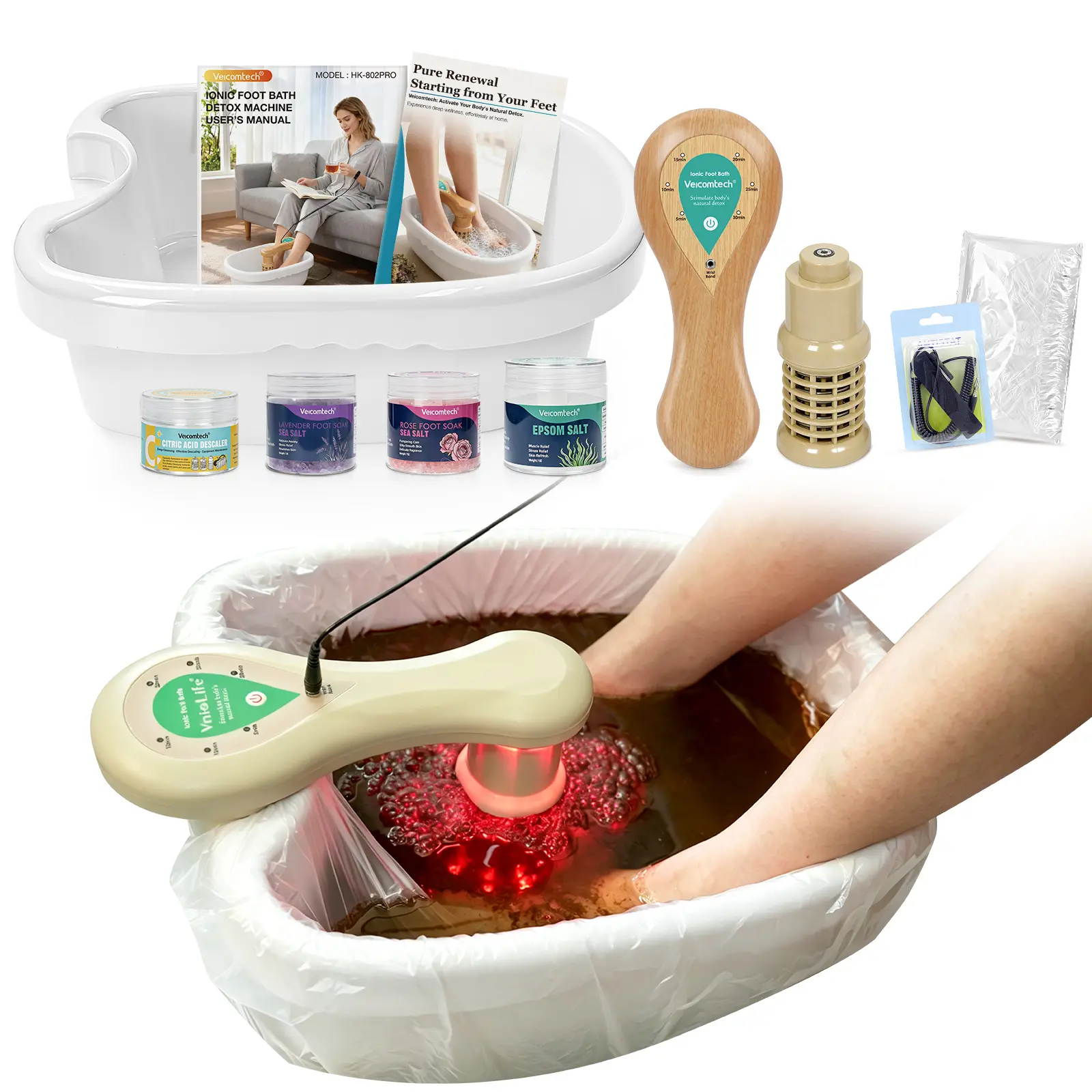 New Model Ionic Feet Soaker Wood Basin with Colorful Light Chromatherapy, Wrist Band, Enhanced Ionic Array, 3-Pack Epsom Salt, Relaxing Foot Massage Device for Parents, Tiredness Relief, At-Home Salon Use, Great Gift in Box