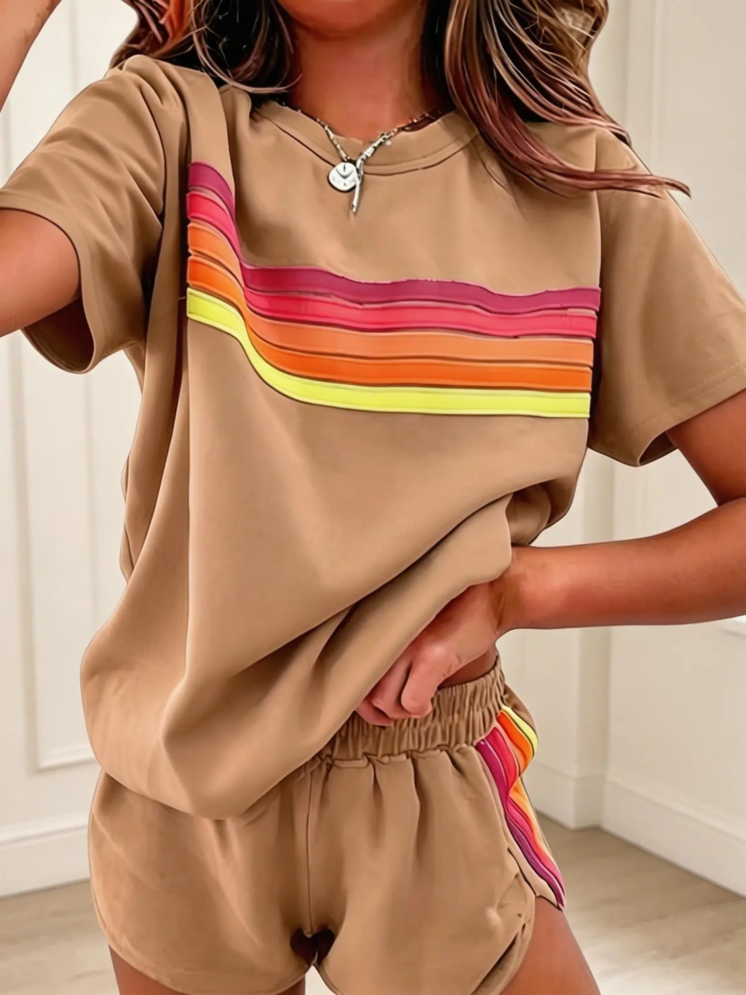 Lounge Set for Women, 2-Piece Rainbow Striped Outfit, Fitted Short Sleeve Top and Matching Shorts, Soft Breathable Viscose Blend, Shortsleeve, Crew Neck, Colorblock