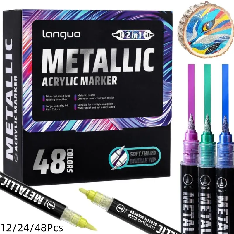 Acrylic Paint Metallic Markers, Coloring Markers, Automatic ink control Dual Tip (Brush & Fine)for Black Paper & Rock Painting Metallic Acrylic Paint Markers for DIY Crafts, Scrapbooking, Glass, Wood Waterproof Acrylic Pen, DIY Craft Supplies