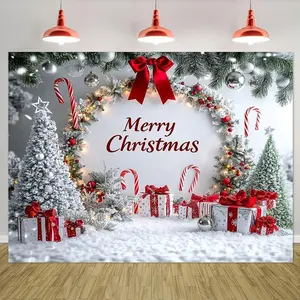 1pc Christmas Backdrop Cloth with Candy Cane & Silvery Tinsel Design - White Snowy Scene for Home, Wall, Yard - No Electricity Needed, Perfect for Gifts, Dorm & Party Wall Decor