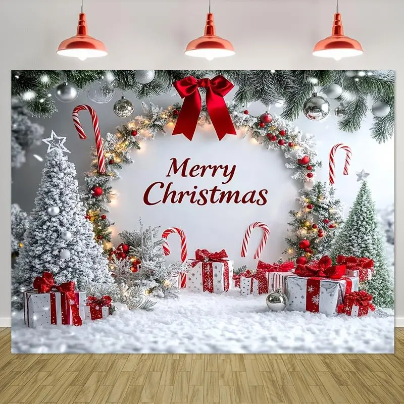 1pc Christmas Backdrop Cloth with Candy Cane & Silvery Tinsel Design - White Snowy Scene for Home, Wall, Yard - No Electricity Needed, Perfect for Gifts, Dorm & Party Wall Decor
