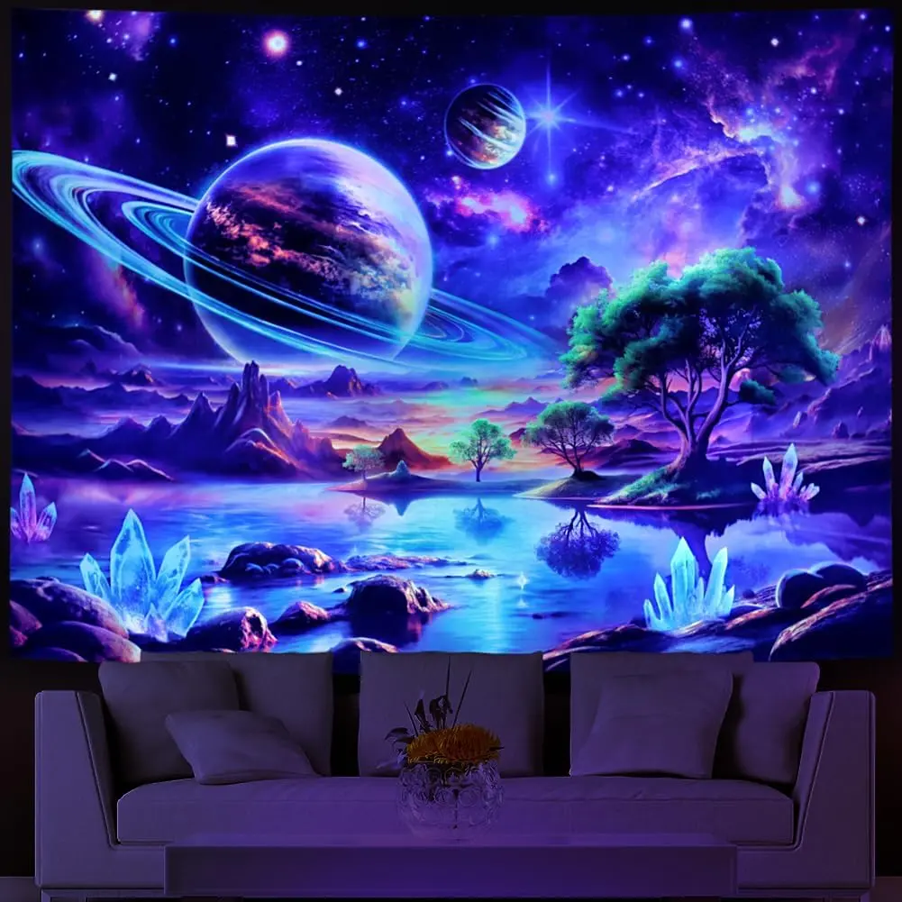 Lahasbja Blacklight Galaxy Space Tapestry UV Reactive Planet Wall Hanging Magical Trees Tapestries Cosmic Mountain Landscape Wall Decor Aesthetic Starry Night Backdrop for Bedroom