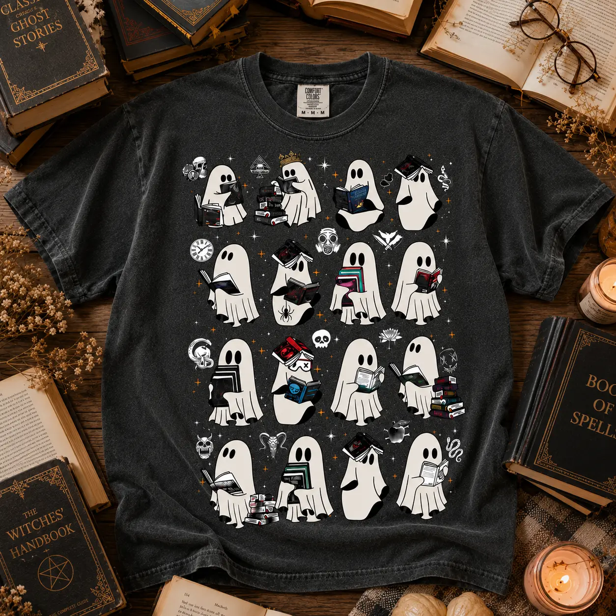 Women's Comfort Colors Printed Orchid Short-Sleeve Casual T-Shirt - Ghosts Reading Dark Romance Series, Haunting Adeline, The Lords Series, Legacy Of Gods, Devil's Night, Librarian Halloween Bottom-Paired Tee