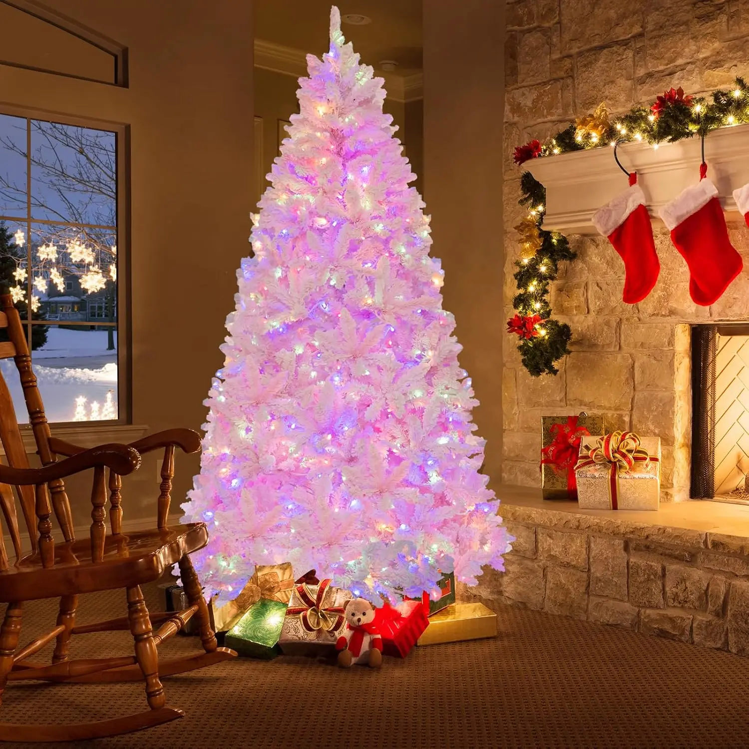 COSTWAY Pre-Lit Artificial Christmas Tree Snow Flocked, Hinged Xmas Tree with PVC Branch Tips, LED Lights & 8 Lighting Modes, Holiday Decoration Tree for Home, Office, Party, Pink