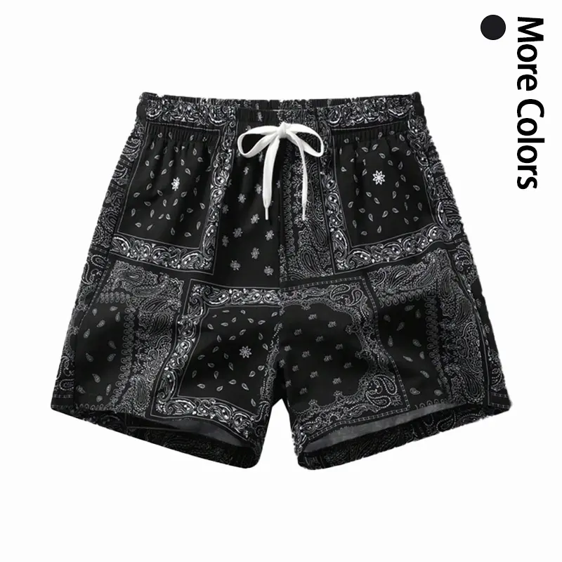 Men's Colorful Paisley Print Casual Shorts - Polyester, Adjustable Drawstring Waistband, Street-Style Vibe, Black Fit, Comfortable Bottom for Everyday Use