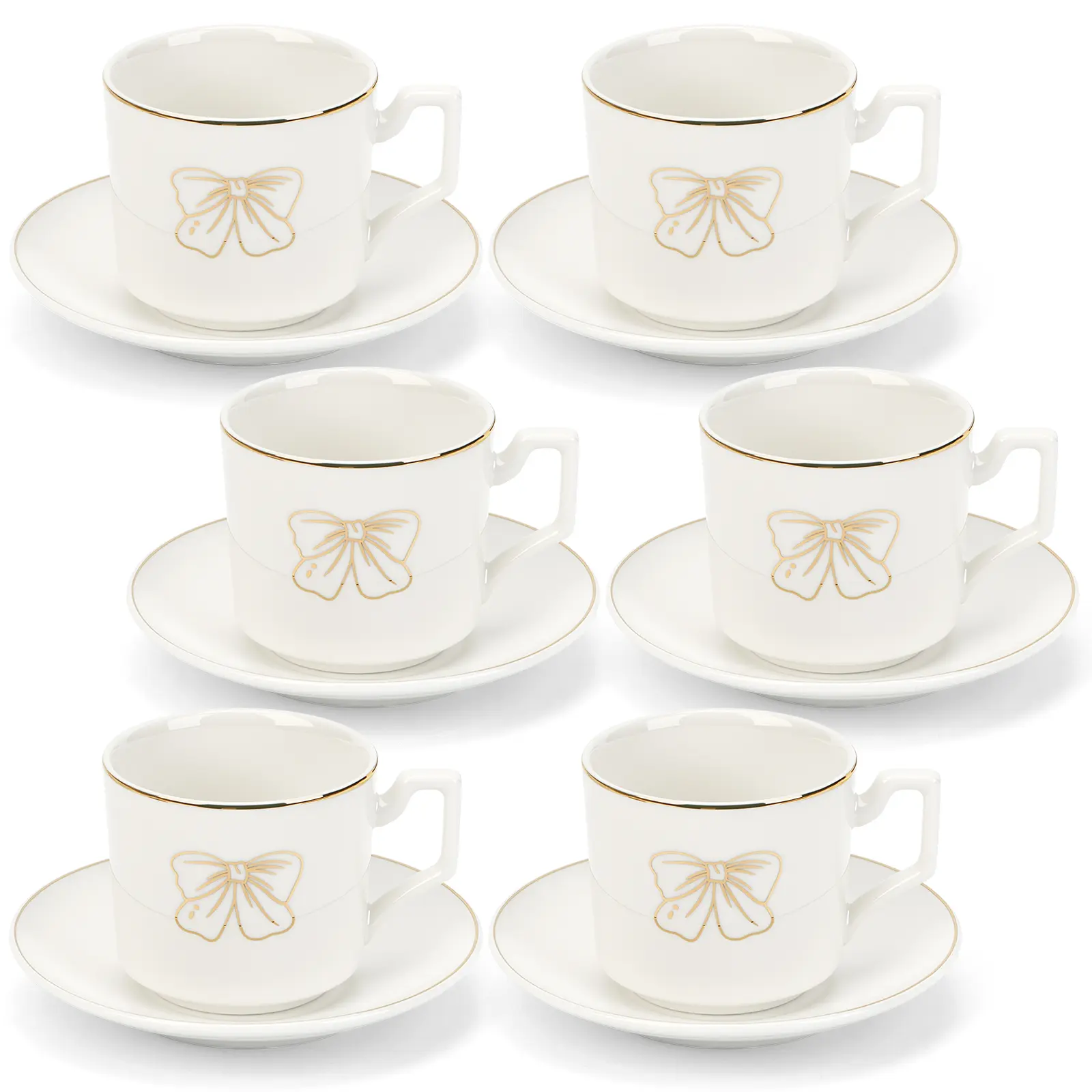 6 Packed Elegant 100ml Bow-Print Coffee Cup & Saucer Set, 6 Cups + 6 Saucers, Perfect for Espresso, Latte & Afternoon Tea Ceramic Mug Ceramic Mug Kit