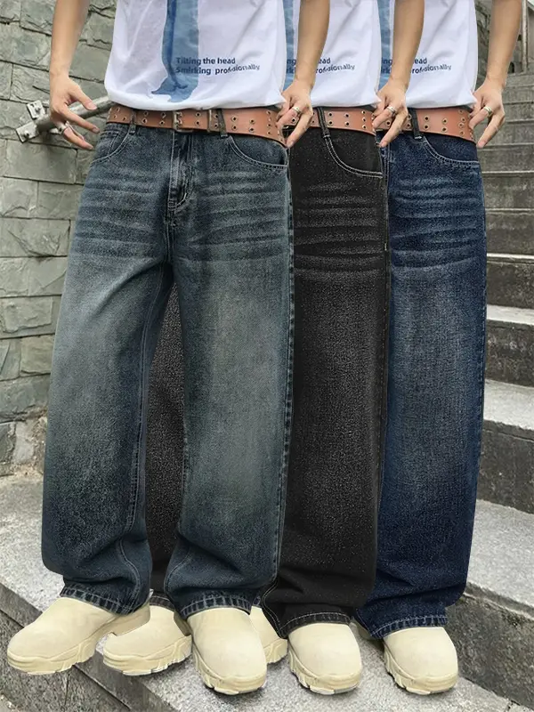 3-Pack Men’s Spring/Autumn Straight-Leg Washed Jeans – Trendy Street Style, Loose Fit, Versatile Casual Long Pants for Men