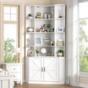 Corner Bookshelf with Doors, 6 Tier Corner Bookcase with Storage Cabinet, White L-Shaped Book Shelf with 8 Open Racks