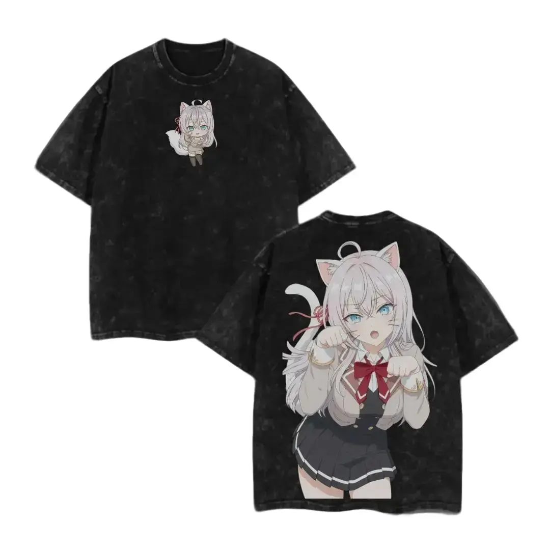 Vintage Acid Wash Black Alya Sometimes Hides Her Feelings in Russian Double Sided Oversized Tee, Cute Neko Tsundere Anime Girl Chibi Front Back Graphic Heavy Cotton Unisex T-Shirt, Distressed Y2K Manga Streetwear Loose Fit Top