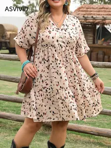 【Plus Size】 Ditsy Boho Style Floral Print V Neck Dress, Boho Floral Printed Dresses, Casual Short Sleeve Ruffle Trim Dress for Summer, Women's Plus Clothing for Daily Wear