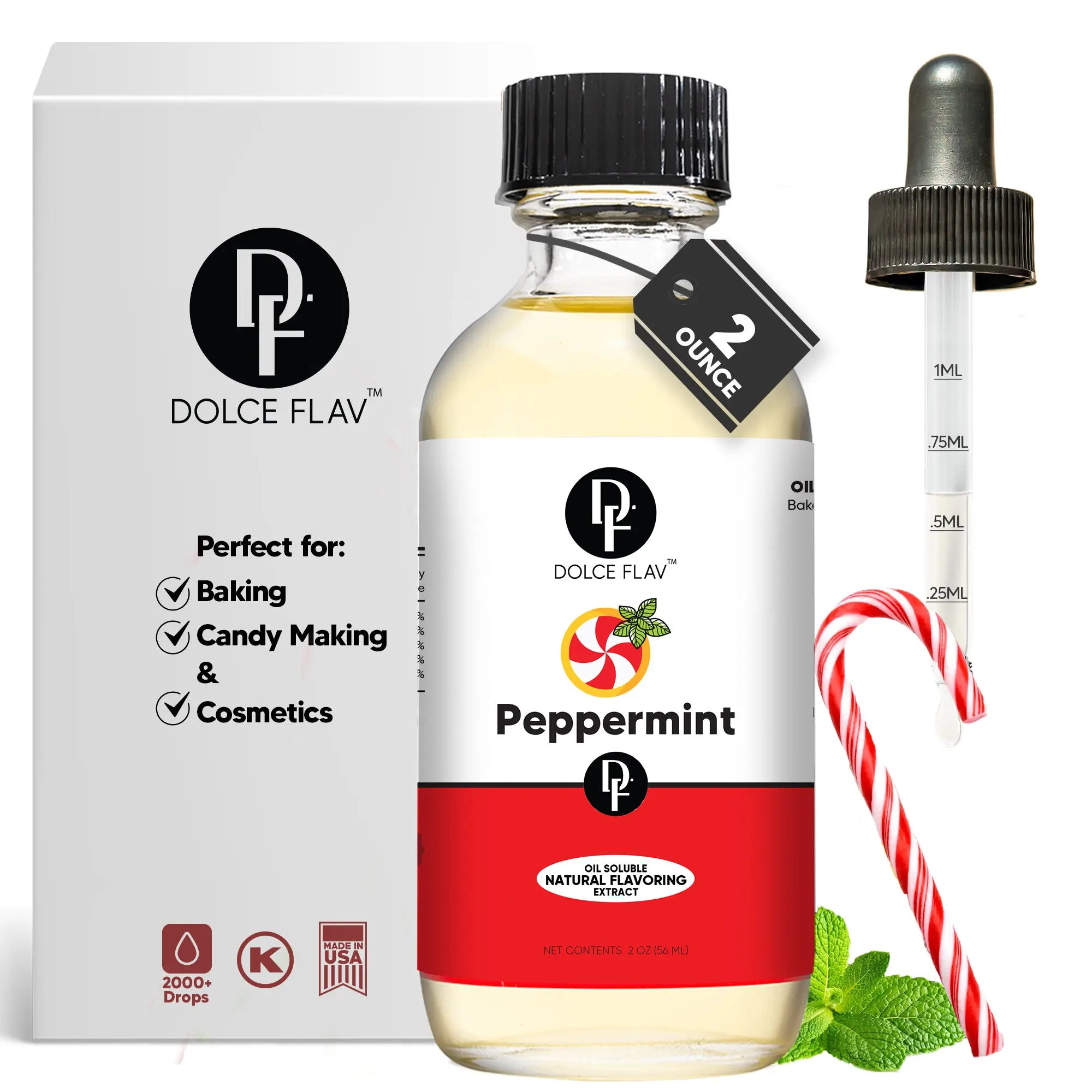 Dolce Flav Peppermint Flavoring Extract (Oil-Soluble) 2 oz - Super Strength Minty Flavor for Baking Candy Making & Cosmetics with Precise Dropper