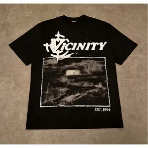 Vintage Distressed VICINITY Graphic Tee Unisex Black Short Sleeve T-Shirt Gothic Street Style Panoramic Print EST 1994 Casual Minimalist up to 3XL