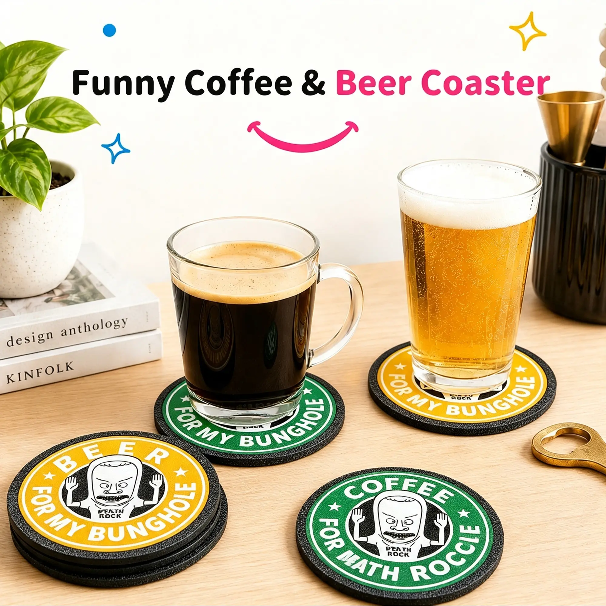 Cornholio Coffee & Beer Coasters, 2PCS Funny 3D Printed Novelty Drink Coasters, Desk Accessory, Kitchen & Home Bar Decor Gift