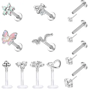 Sanfenly 12Pcs 16G Clear Threadless Push in Piercing Jewelry, Surgical Steel Acrylic Tragus Forward Labret Lip Nose Helix Piercing Set for Women