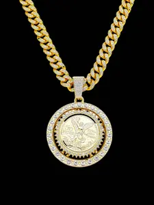 Men's Street Style Rhinestone Pendant Necklace, Rotating Angel Design Cuban Chain Jewelry, Fashion Jewelry Party, Creative Party Accessory for Men, Cuban Link Necklace, Sparkling Rhinestones Chains