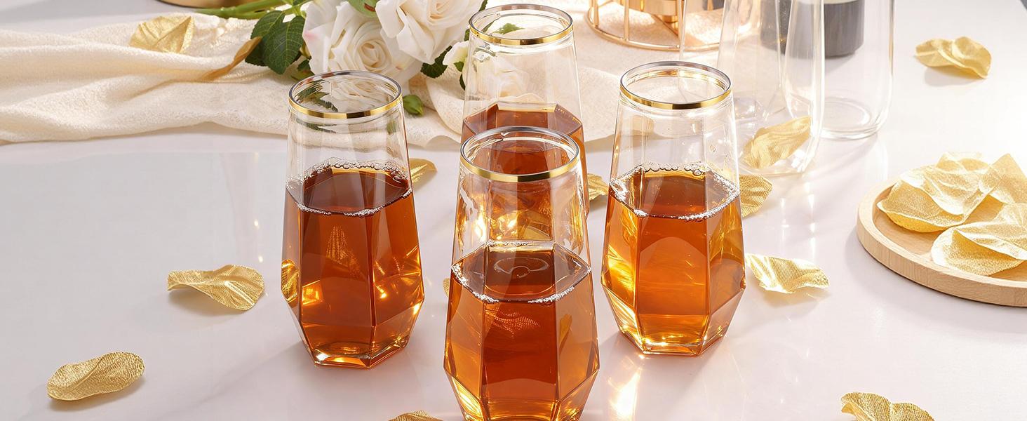 40 PCS Clear 9 Oz 12 Oz Plastic Wine Whiskey Glasses, Diamond Stemless Unbreakable Disposable Wine Glasses for Parties, Ideal for Weddings, Christmas, Halloween,Holidays,pool party,Daily Use
