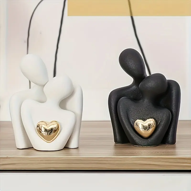 White Couple Ceramic Abstract Figurine - Black-White Embracing Pose with Gold Heart, Love-Themed Desktop Home Decor Accessory, Valentine's Day Gift for Couples, Embracing Couple