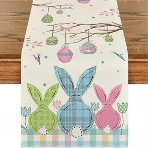 1pc,Easter Table Runner Linen Durable Kitchen Dining Room Decor, Spring Party Wedding Decoration, Easter Eggs Rabbits Tulips Plaid Holiday Setting