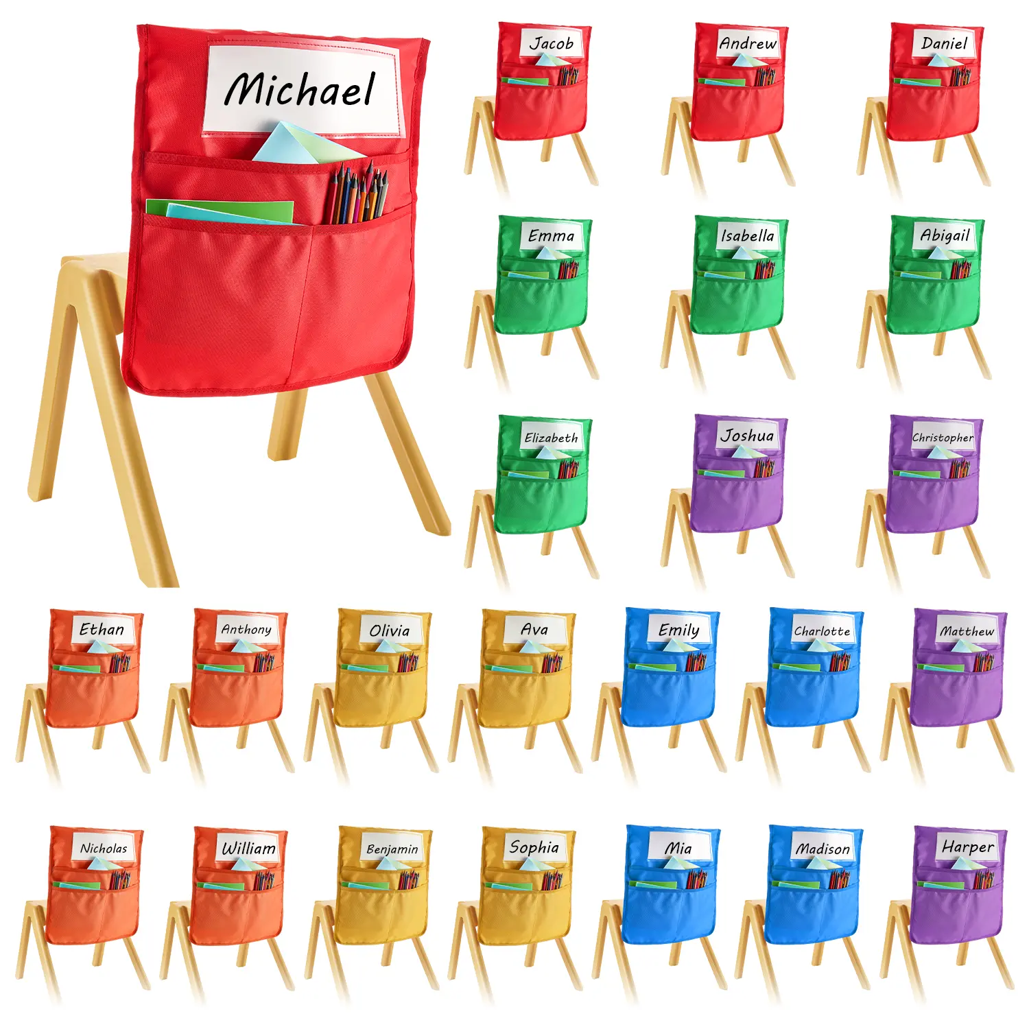 VEVOR 24-Pack Classroom Chair Pockets, 18x20in Chairback Buddy Pockets with Name Tags, 6 Bright Colors, Desk Organizer, Desk Setup Accessories for Kids’ Classroom & Home Storage