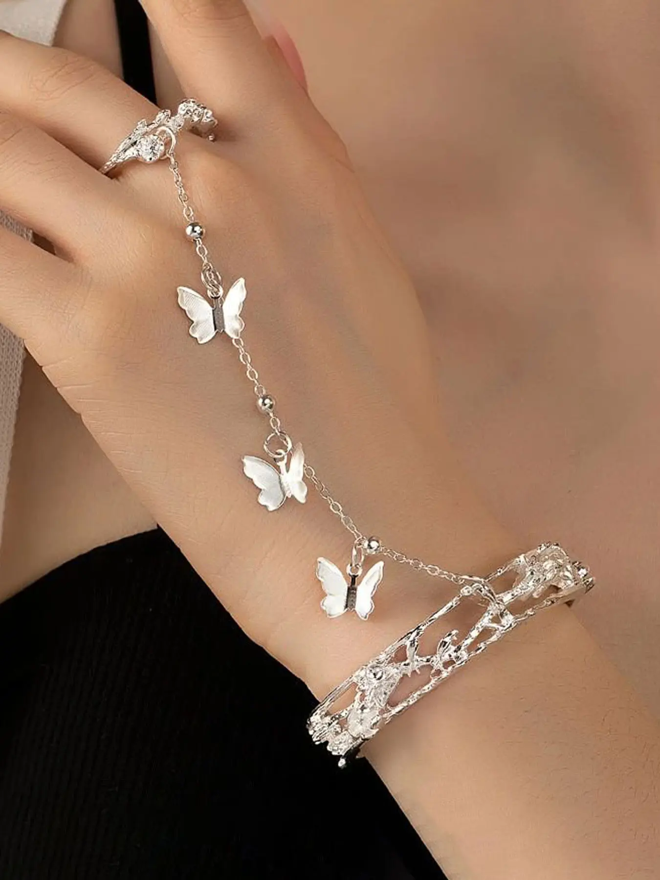 Vintage Ethnic Style Silver Color Butterfly Tassel Chain Bracelet Ring Set, Simple Design Women's Creative Personalized Jewelry Butterflies Set, Cuff Bracelet Set, Boho Jewelry Set