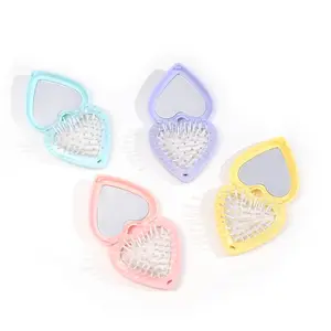 Portable Travel Heart-Shaped Folding Makeup Mirror with Cushion Comb, No Battery Needed, Cartoon Design, Valentine's Day Gift, Home Outdoor Use