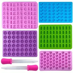 5pcs Silicone Gummy Bear Candy Molds Set with 2 Droppers, Non-Stick Silicone Baking Mold Candy Molds for Mini Dinosaurs, Bear Shapes, Silicone Heart Shaped, Hearts and Mini Donuts