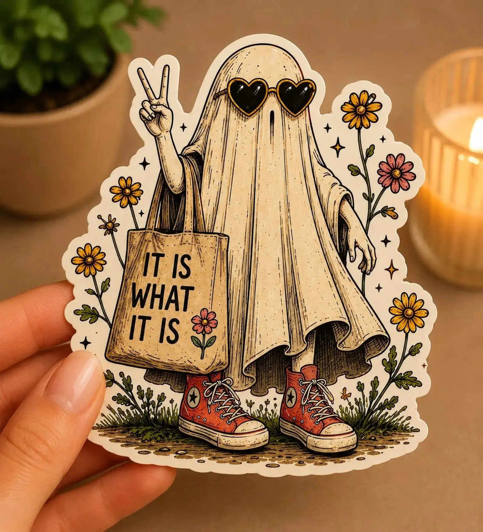 It Is What It Is Ghost Sticker, Cute Boho Halloween Vinyl Decal, Peace Sign Ghost Sticker, Waterproof Sticker for Laptop, Tumbler, Journal