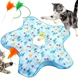 Colorful Pentagonal Cat Hunting Hood Toy with Two Feather Refills, Electric Auto-Rotating Feather Teaser Rod, Self-Entertainment Hide-and-Seek Game for Cats