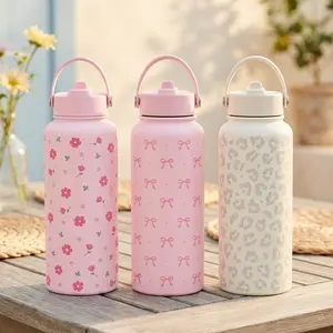 SANDJEST 32oz Portable Water Bottle with Flip Straw Lid & Handle, Insulated Leak Proof Drinkware, Protective Silicone Base, Gift for Her Gym Outdoor