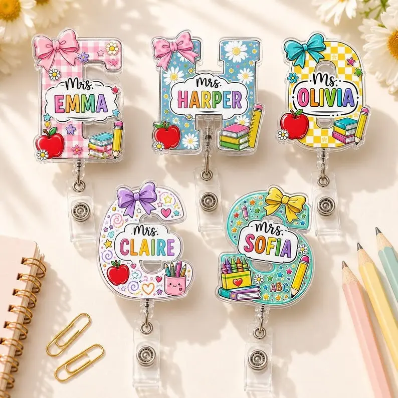 Teacher Name Tag Badge Reel Acrylic Letter ID Holder Cute Teacher Appreciation Gifts End of Year Present Custom Staff Lanyard