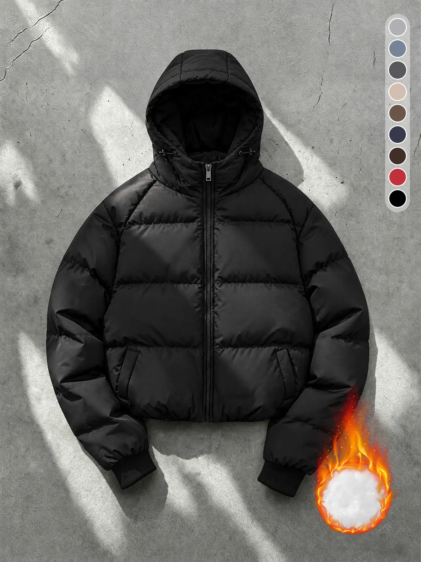 Men Solid Hooded Puffer Jacket Thick Warm Zip Up Quilted Winter Coat Adjustable Hood Casual Outerwear