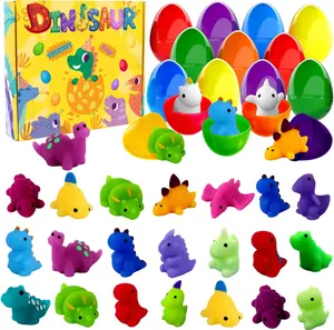 Dinosaur Squishy Toy Prefilled Easter Eggs – 24 Pack Easter Basket Stuffers & Party Favors, Cute Kawaii Mochi Stress Relief Toys for Kids Easter Egg Hunt
