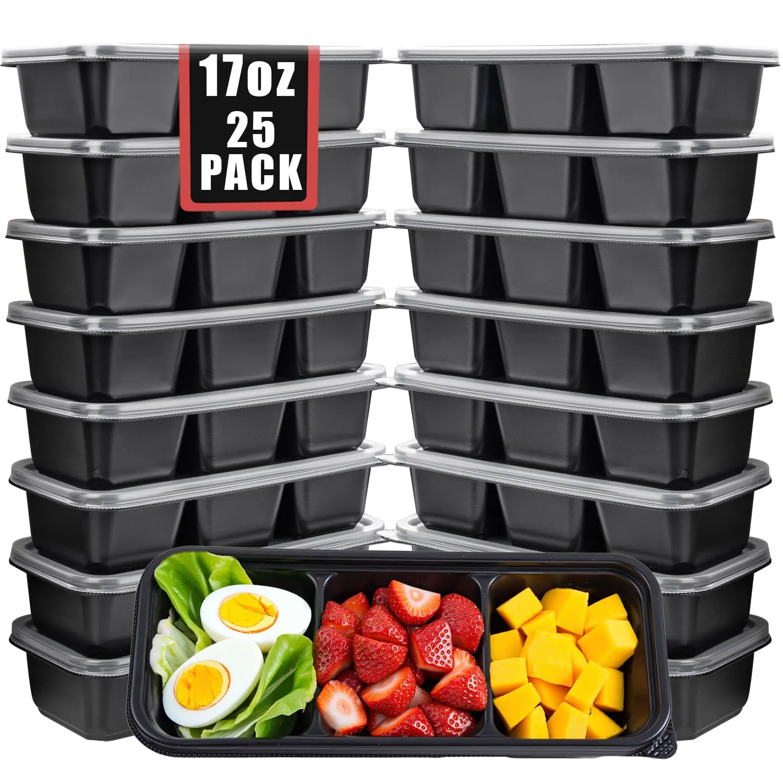 25 Pack Small Meal Prep Containers 3 Compartments with Lids - Disposable Snack Box Container - Disposable Bento Boxes - Reusable Travel Lunch Boxes for Office/Picnic/Microwave Safe Kitchen Storage
