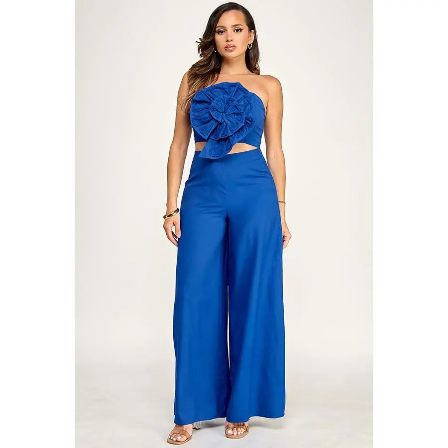 Blue Strapless Ruffled Top and Wide Leg Pants Set for Women
