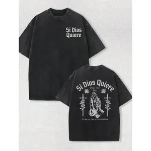 B-Retro "Si Dios Quiere" Print Unisex Loose-Fit T-Shirt | Acid-Washed Heavyweight Vintage Short Sleeve | "Praying Hands & Sword" Motif Trendy Streetwear | Gothic Grunge Aesthetic Flattering Top | 100% Premium Cotton Shirt