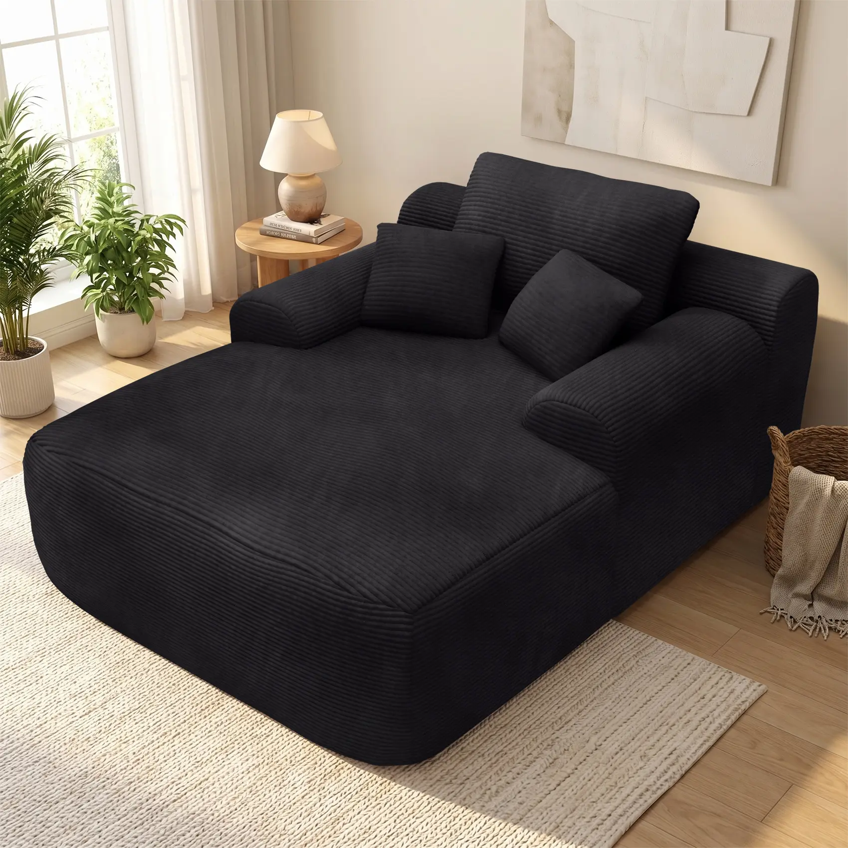 Oversized Plush Corduroy Futon Sleeper Sofa Bed Chaise - 1200LBS Load Bearing, Cup Holder, Storage Bag, No Assembly, 24-Month Warranty, Throw Pillows, Modern Upholstered Cloud Sofa Living Room Furniture, Convertible Cushioned Lazy Bed, Modern Upholstered