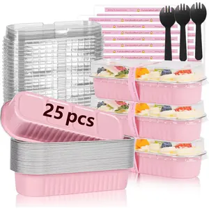 25 Pack Mini Loaf Pans with Lids and Spoons Sealing Sticker, 6.8oz Mini Cake Pans for Baking, Disposable Aluminum Foil Loaf Pans, Pink Loaf Baking Pans, Small Cake Containers With Lids