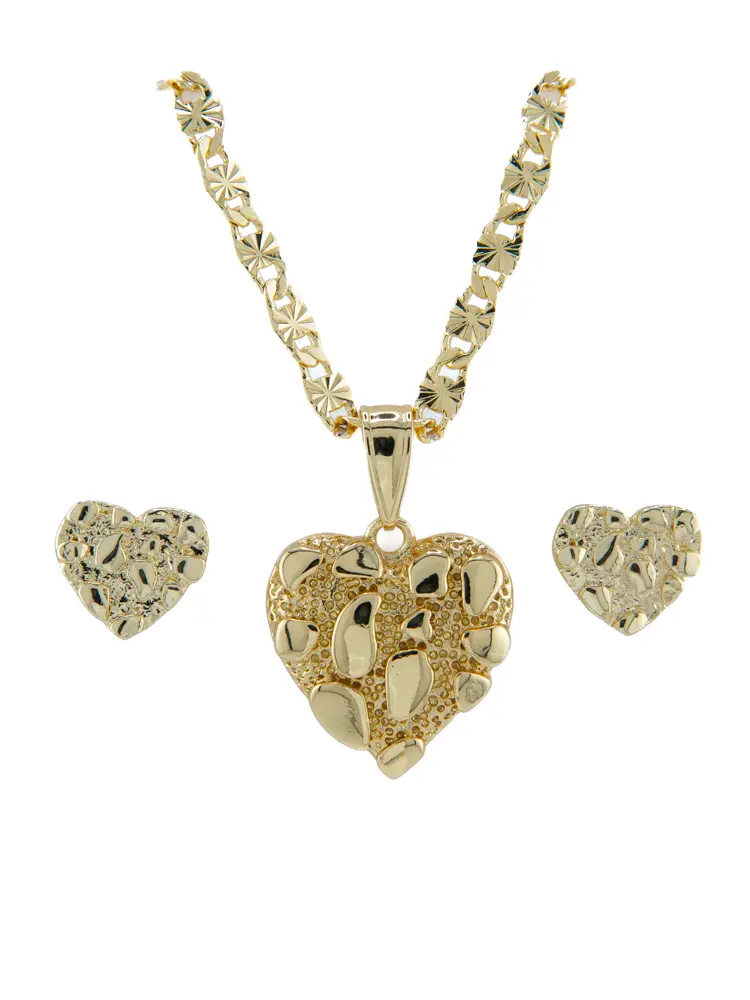 Gold Plated Jewelry Set, Nugget-Style Earrings & Heart Pendants with 18-24in Chain, Statement Piece Stylish Casual Gold Tone Costume Jewelry Set, Jewelry Sets