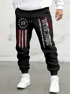 Men's American Flag Print Drawstring Waist Pants, Casual Fashion Long Pants, Loose-Fitting Regular Fit, All Seasons Wear, Casual Fashion Bottoms