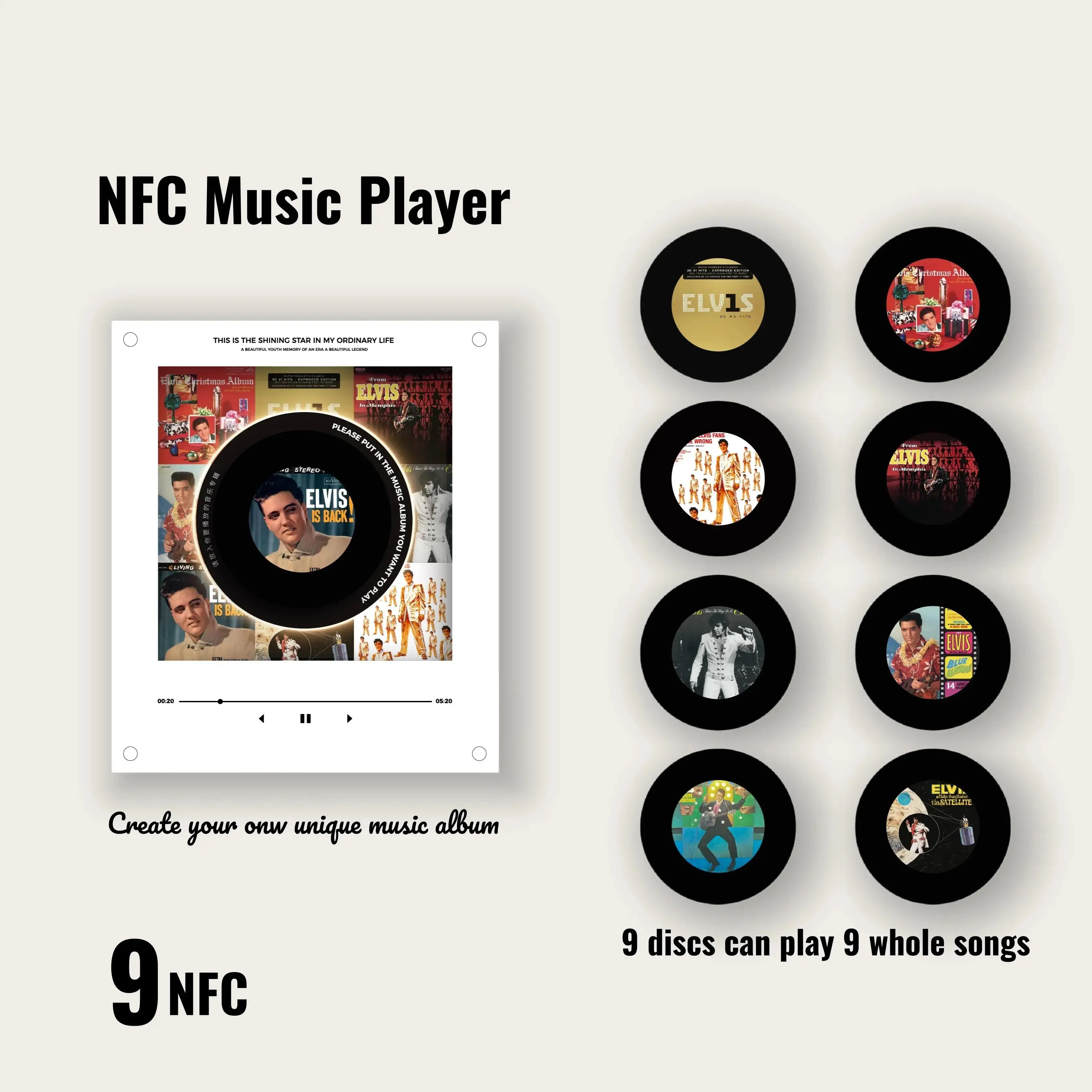 Magnetic NFC Music Box Player with Light Effect, Rotating Mini Vinyl Fridge Magnet, 9 Discs, 256MB Storage, USB-C Charging, Gift for Music Lovers