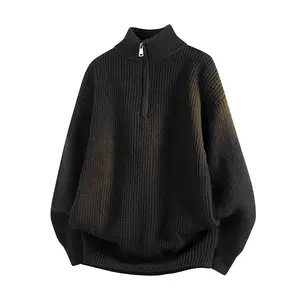 Men's Sweater, Oversized Chunky Knit Half-Zip Pullover, Solid Mock Neck Minimalist Casual Polyester Top